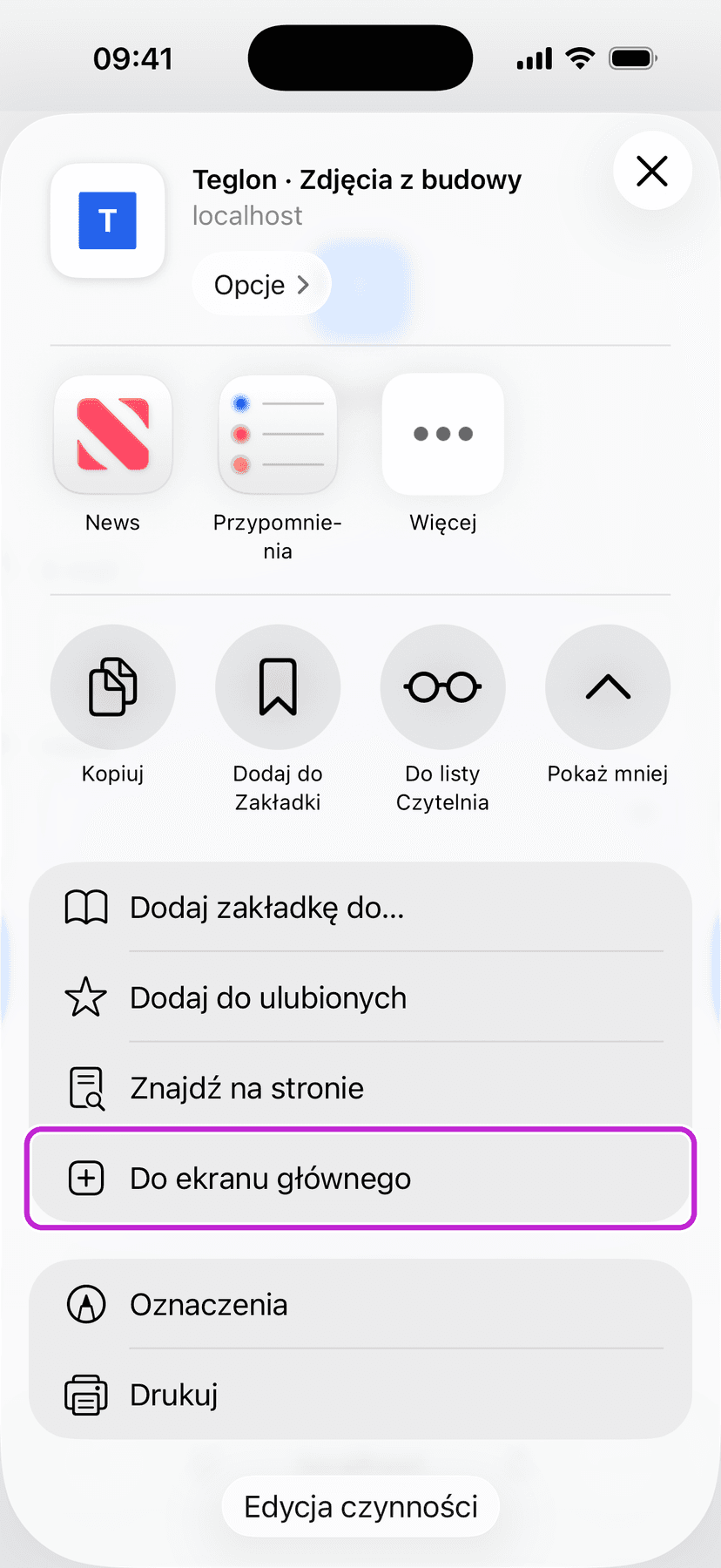 Rozwinięty panel udostępniania — pozycja „Do ekranu głównego”