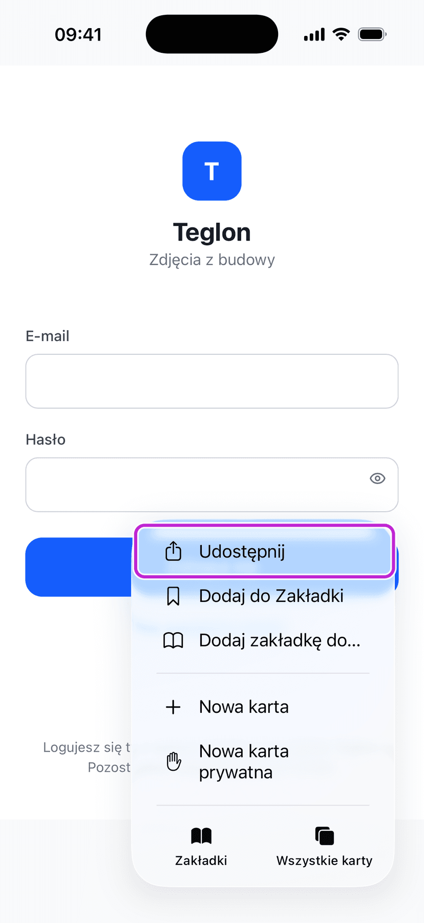 Menu Safari — pozycja „Udostępnij”