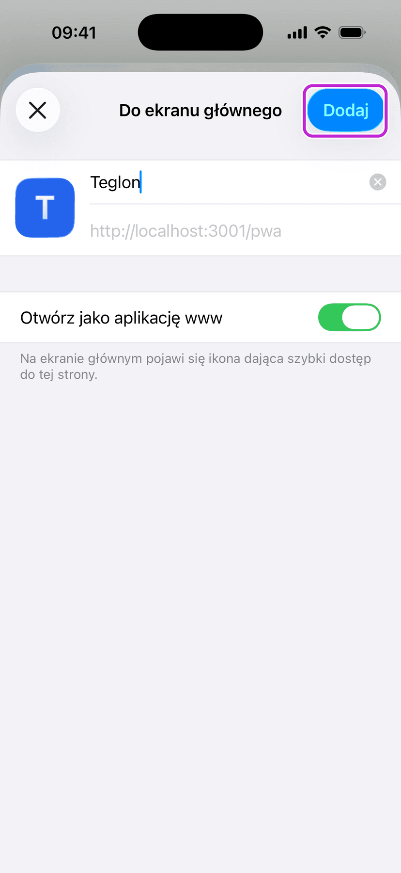 Ekran „Do ekranu głównego” — nazwa Teglon i przycisk „Dodaj”