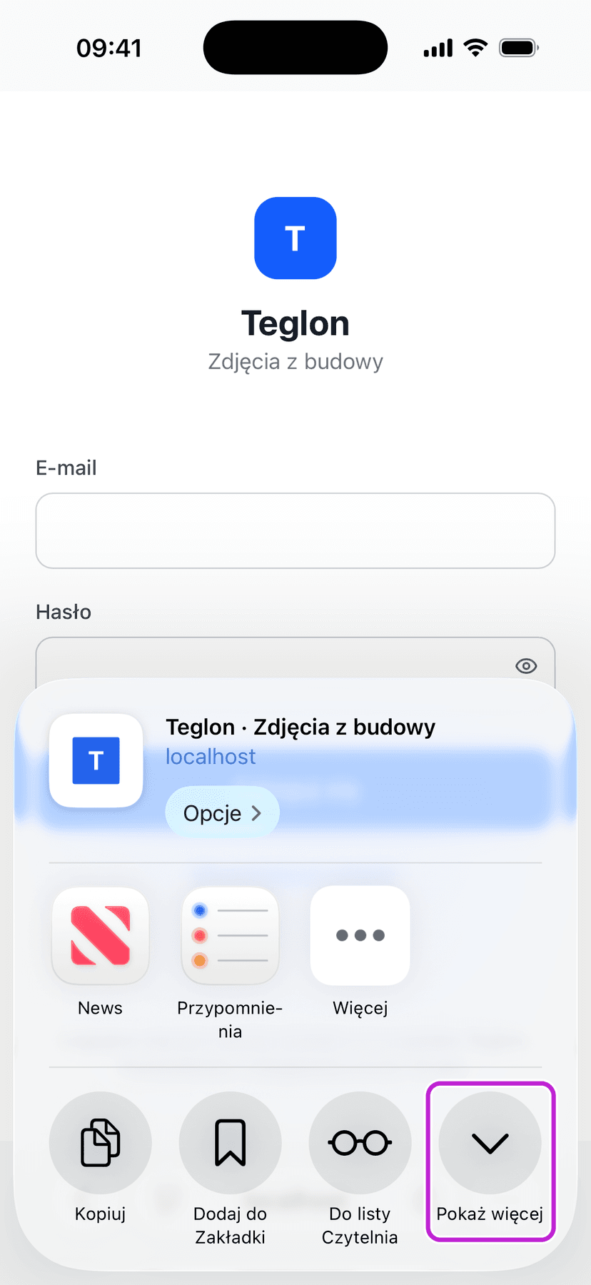 Panel udostępniania — strzałka „Pokaż więcej”