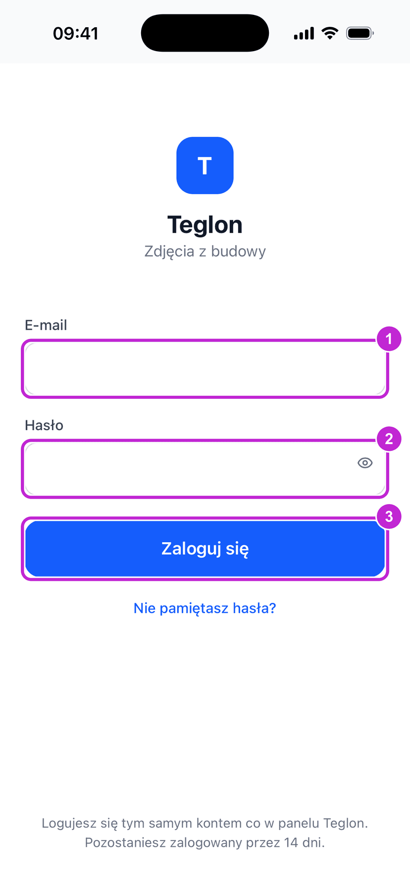 Ekran logowania w aplikacji na telefonie