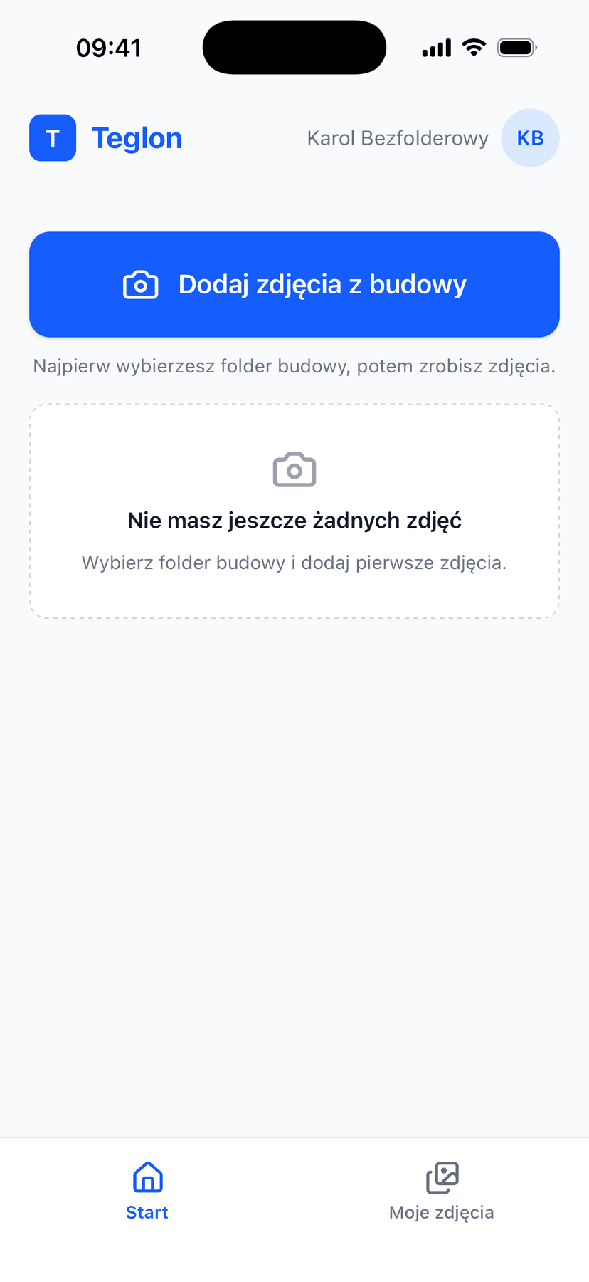 Ekran Start przed dodaniem pierwszych zdjęć