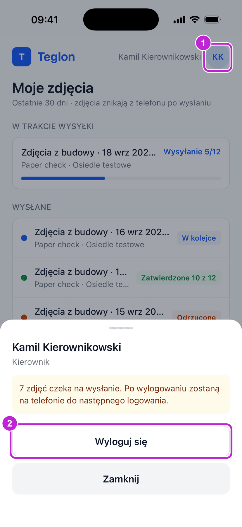 Panel konta z ostrzeżeniem o niewysłanych zdjęciach