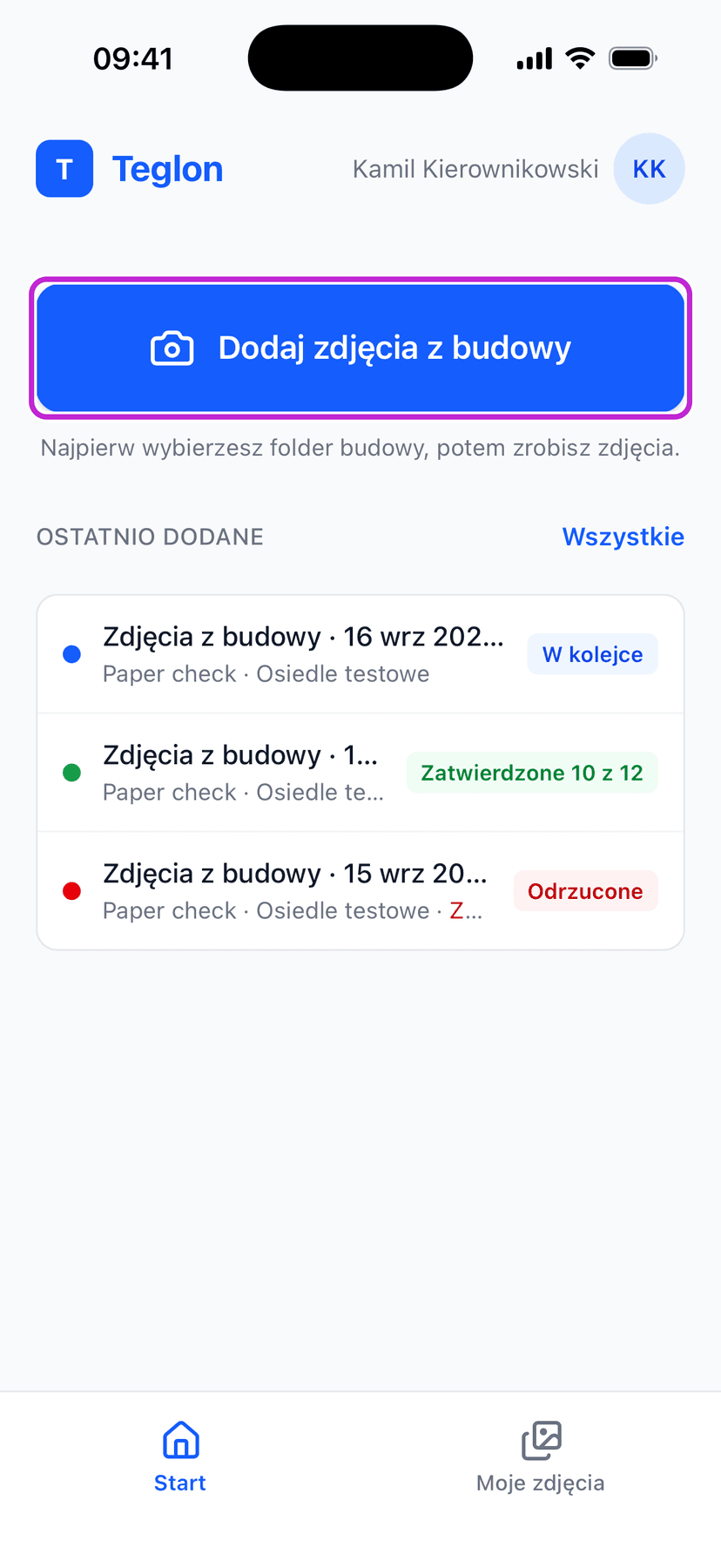 Ekran Start z przyciskiem „Dodaj zdjęcia z budowy”