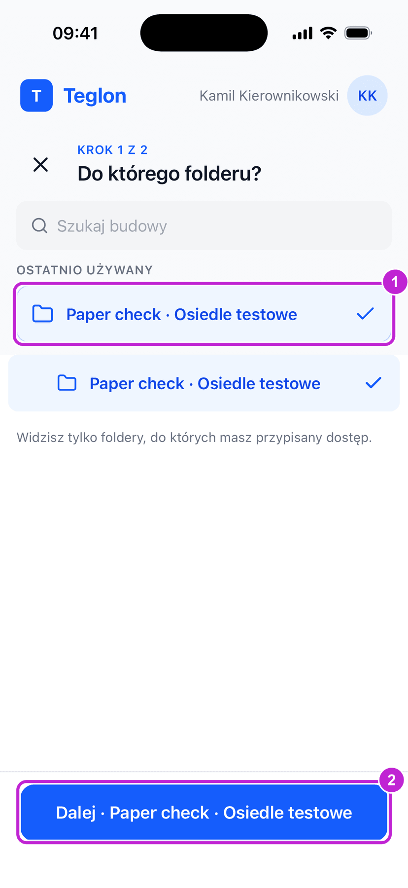 Krok 1 z 2 — wybór folderu budowy, widoczna sekcja „Ostatnio używany”