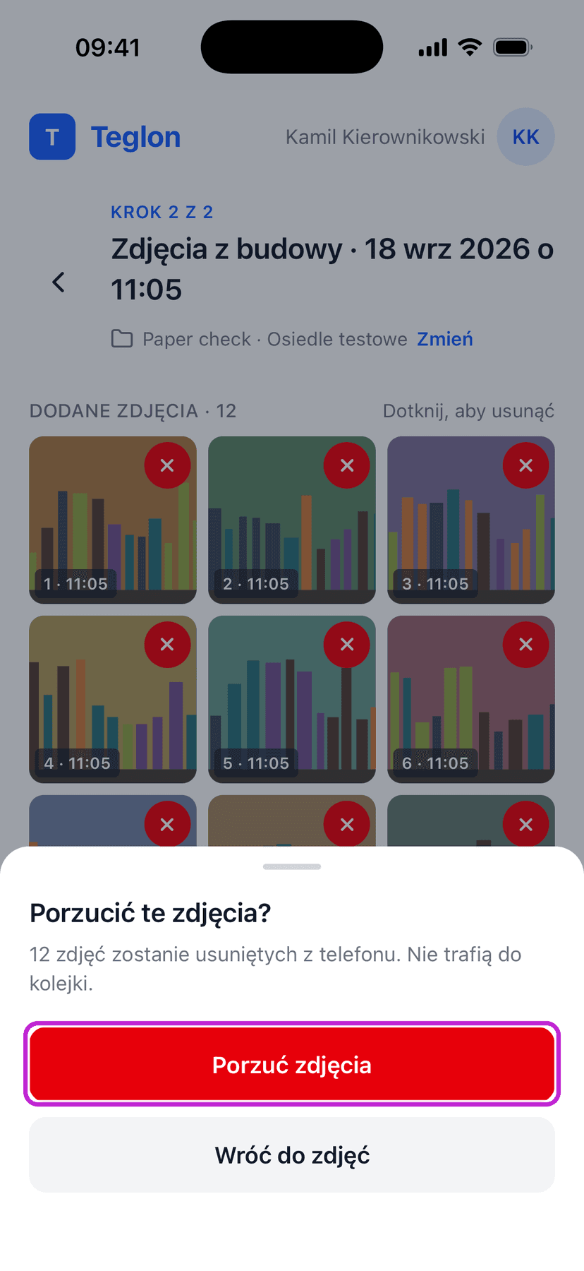 Pytanie „Porzucić te zdjęcia?” przed porzuceniem zestawu