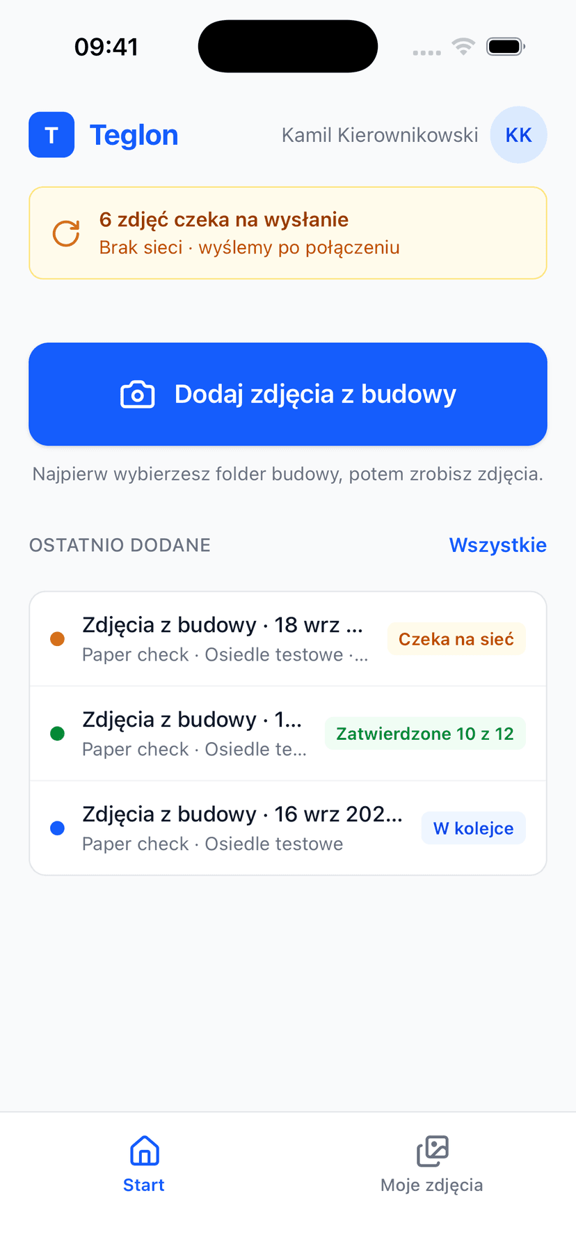 Ekran Start z paskiem „6 zdjęć czeka na wysłanie · Brak sieci · wyślemy po połączeniu”
