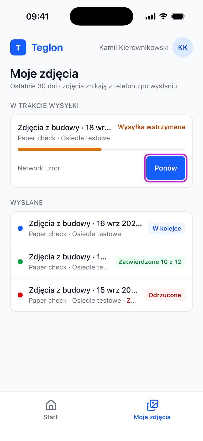 Ekran „Moje zdjęcia” — status „Wysyłka wstrzymana” z przyciskiem „Ponów”