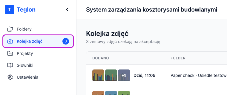 Menu boczne z pozycją „Kolejka zdjęć” i licznikiem