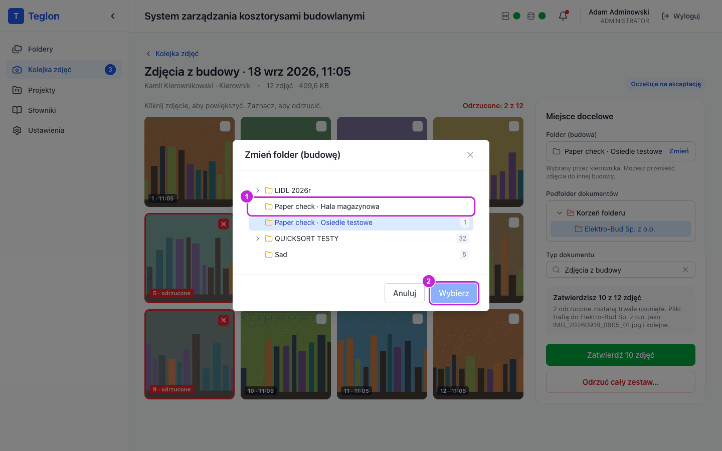 Okno „Zmień folder (budowę)” z drzewem folderów