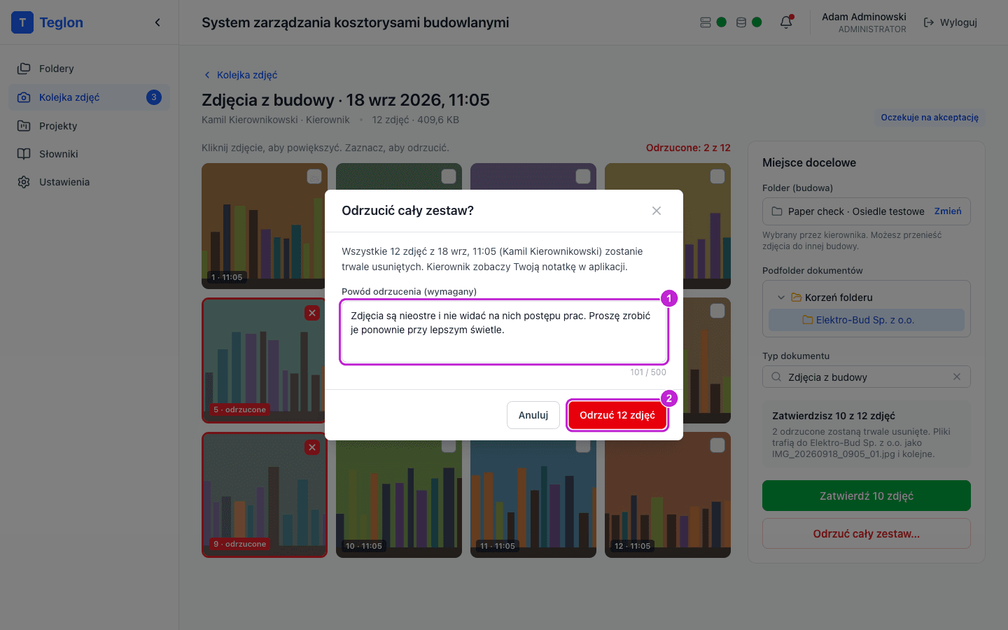 Okno „Odrzucić cały zestaw?” z polem powodu odrzucenia